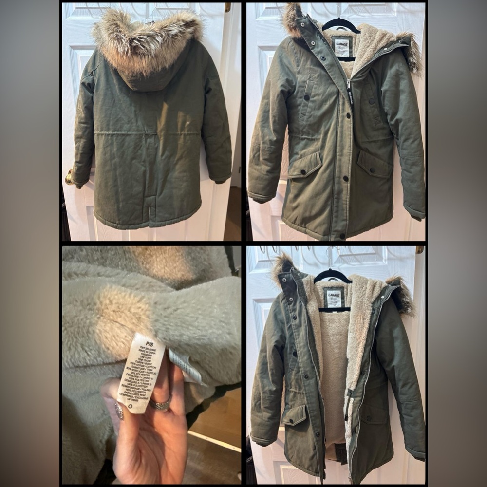 Garage Olive Green Parka with Faux Fur Hood